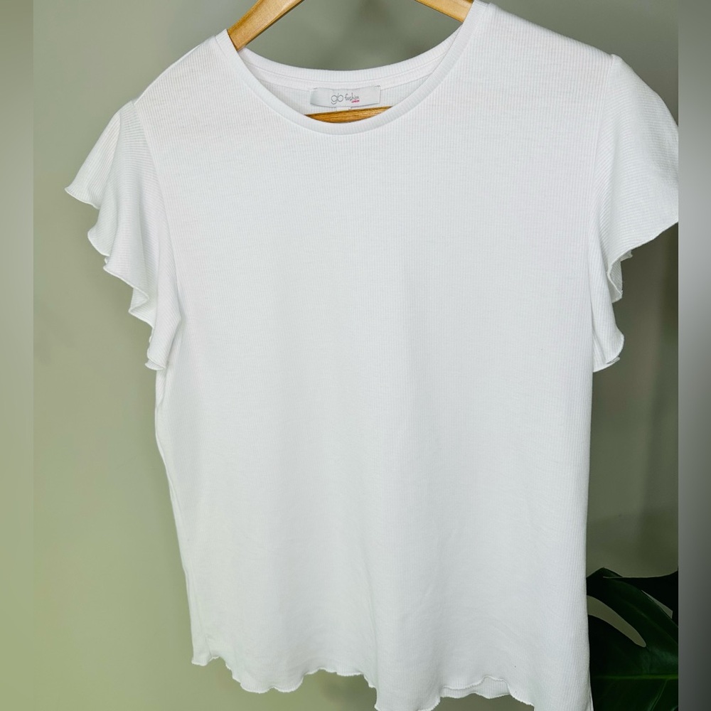 Gb Fashion London White Ribbed Ruffle Trim Short Sleeve Top Size X-Large - NWOT